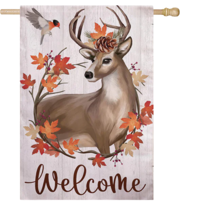 Autumn Deer Wreath Moire House Flag