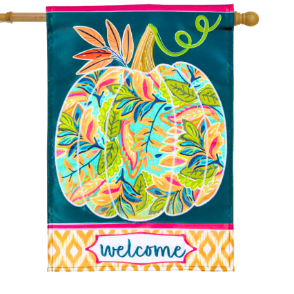 Patterned Jacobean Floral Pumpkin Applique House Flag