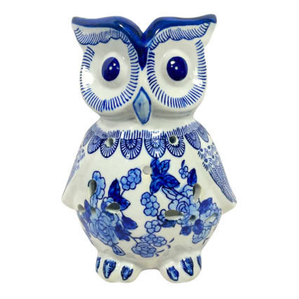 8" Blue & White Chinoiserie Porcelain Owl Votive Candle Holder