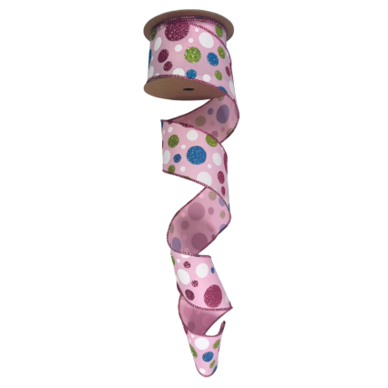 2.5" x 10yd Multi-Colored Glitter Dots on Pink Ribbon