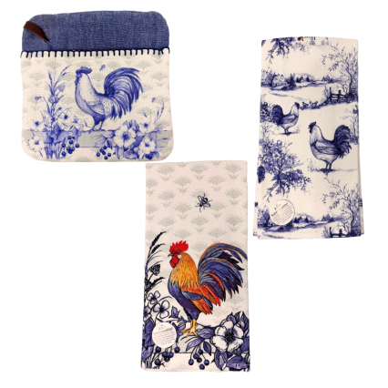 3 pc Blue Rooster Kitchen Linen Set