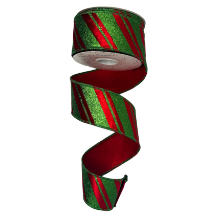 2.5" x10yd Green Glitter Ribbon w/ Red Velvet Diagonal Stripes