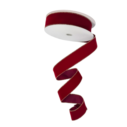 1.5" x 25yd Deep Red Velvet Ribbon w/ Gold Wired Edge Ribbon
