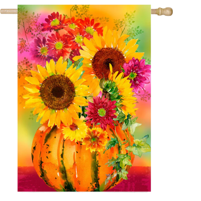 Pumpkin Floral Watercolor Burlap House Flag