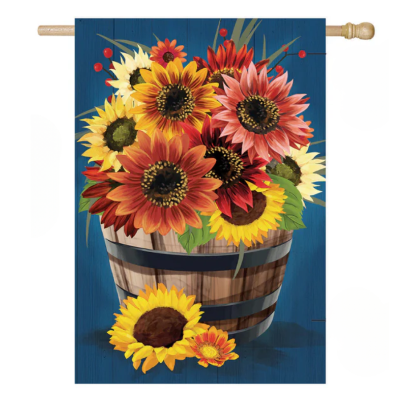Barrel Of Blooms & Pumpkins Burlap House Flag