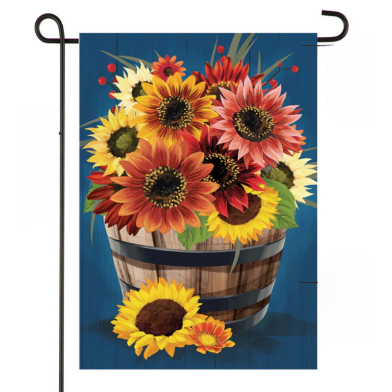 Barrel of Blooms & Pumpkins Burlap Garden Flag