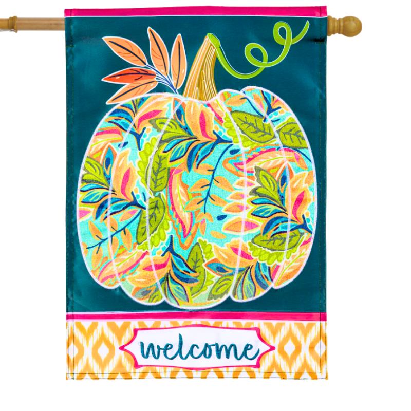 Patterned Jacobean Floral Pumpkin Applique House Flag