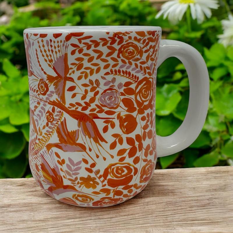 16 oz.  Orange Hummingbird Ceramic Floral Mug