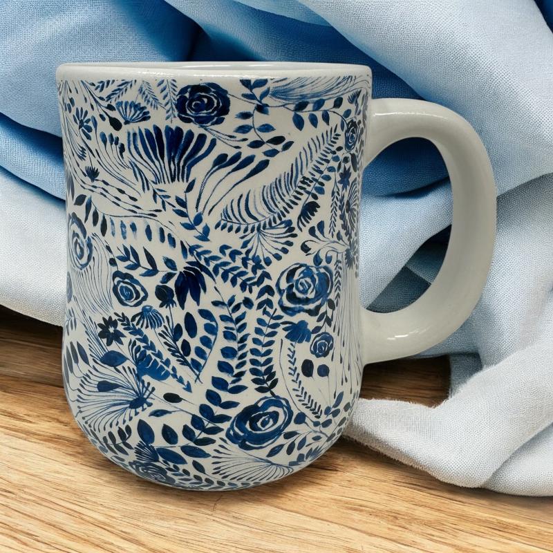 16 oz. Navy & White Ceramic Floral Mug