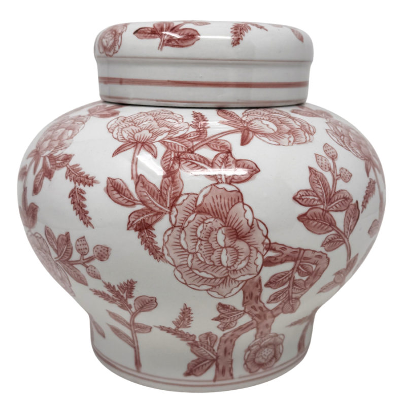 8" White & Pink Chinoiserie Ginger Jar