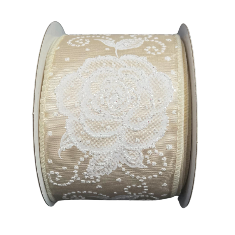 2.5" x 10yd Beaded Glitter Rose Wired Ribbon - Natural