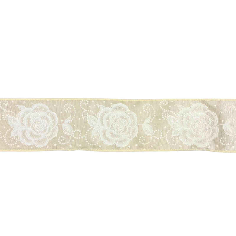 2.5" x 10yd Beaded Glitter Rose Wired Ribbon - Pearl