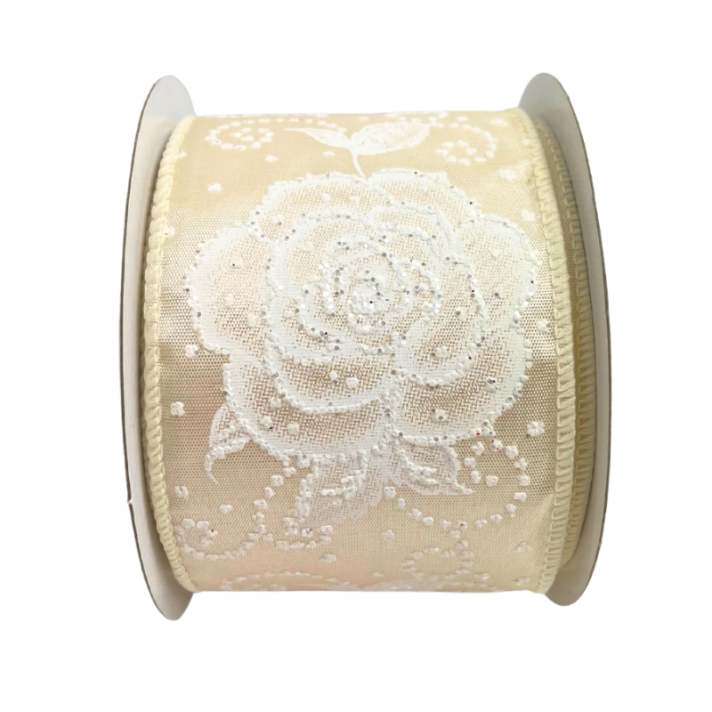 2.5" x 10yd Beaded Glitter Rose Wired Ribbon - Pearl