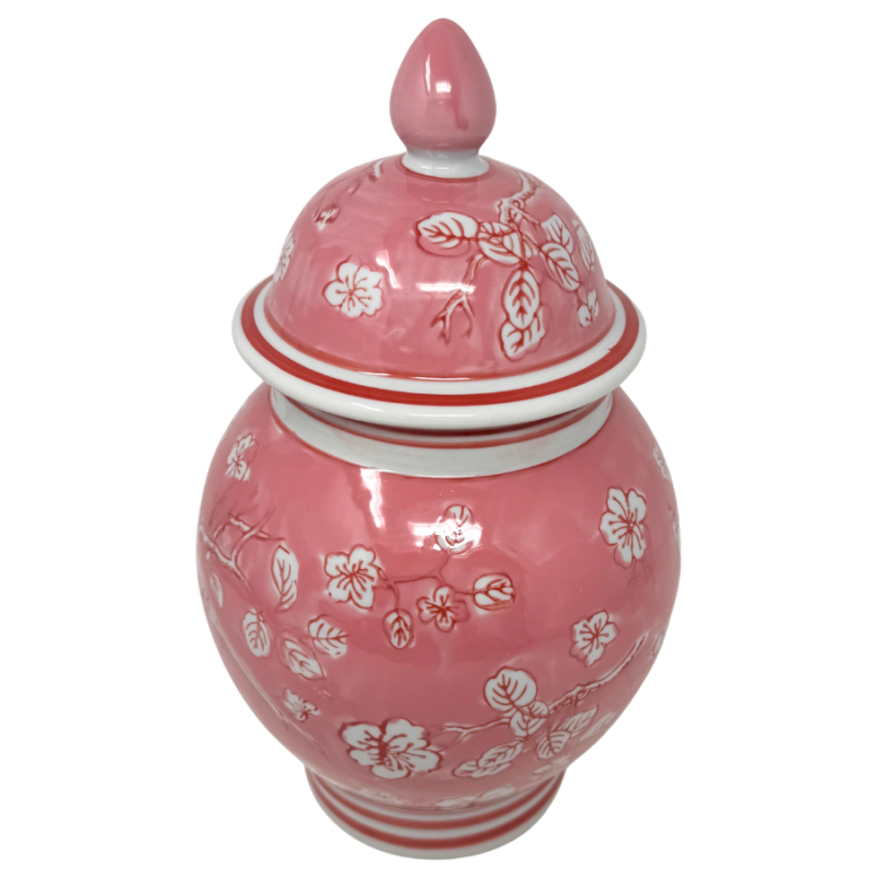 12" Pink & White Chinoiserie Ginger Jar w/ Pointed Knob Lid