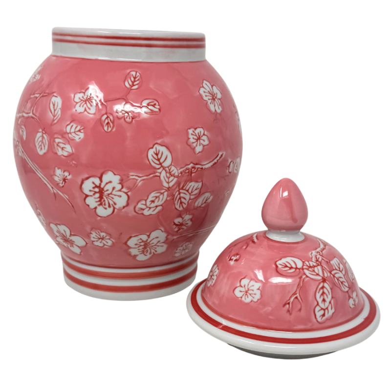 12" Pink & White Chinoiserie Ginger Jar w/ Pointed Knob Lid