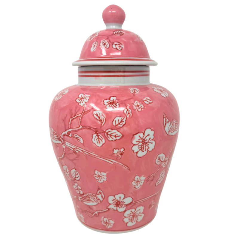 12.5" Pink & White Chinoiserie Ginger Jar w/ Round Knob