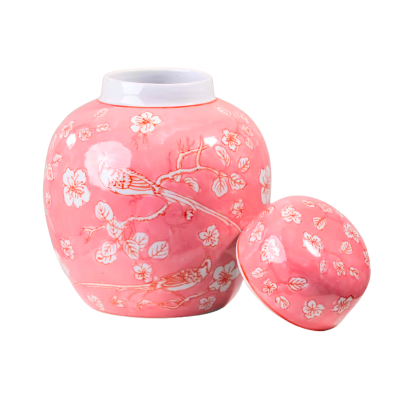 10" Pink & White Chinoiserie Ginger Jar w/ Lid