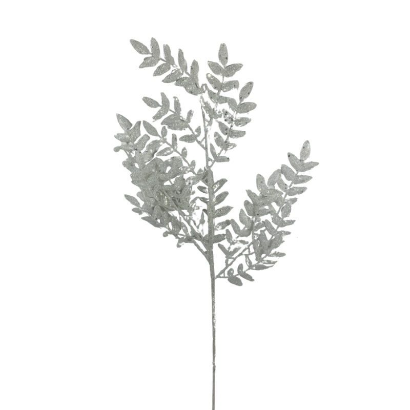 24" White Glitter Leaf Spray