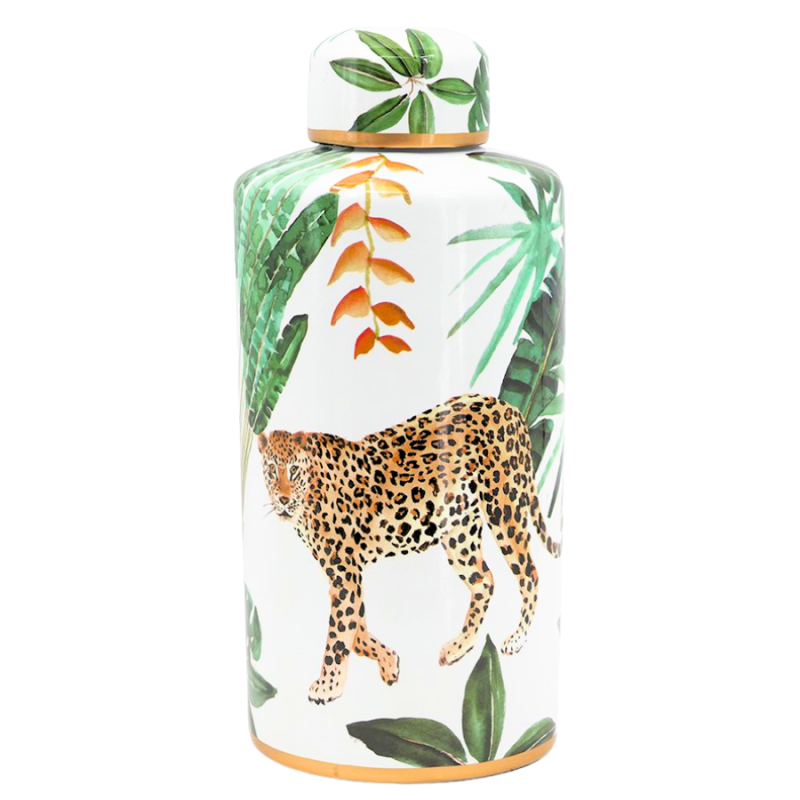 14" Porcelain Leopard Cylindrical Jar w/ Lid