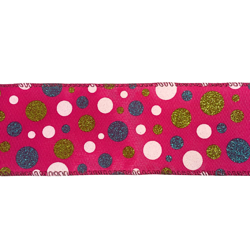 2.5" x 10yd Green, Blue, White Polka Dots on Pink Ribbon