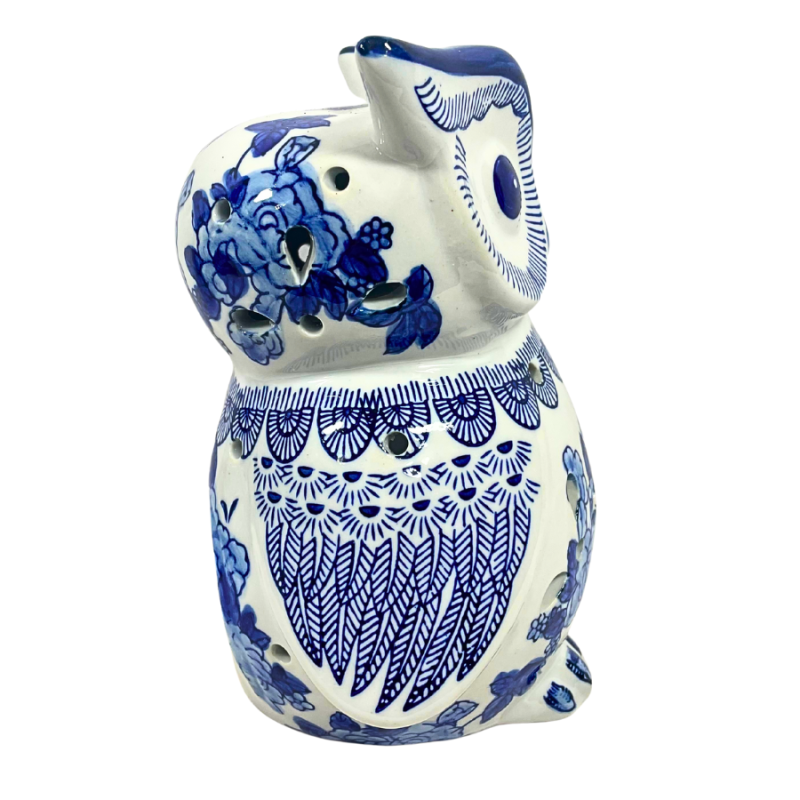 8" Blue & White Chinoiserie Porcelain Owl Votive Candle Holder