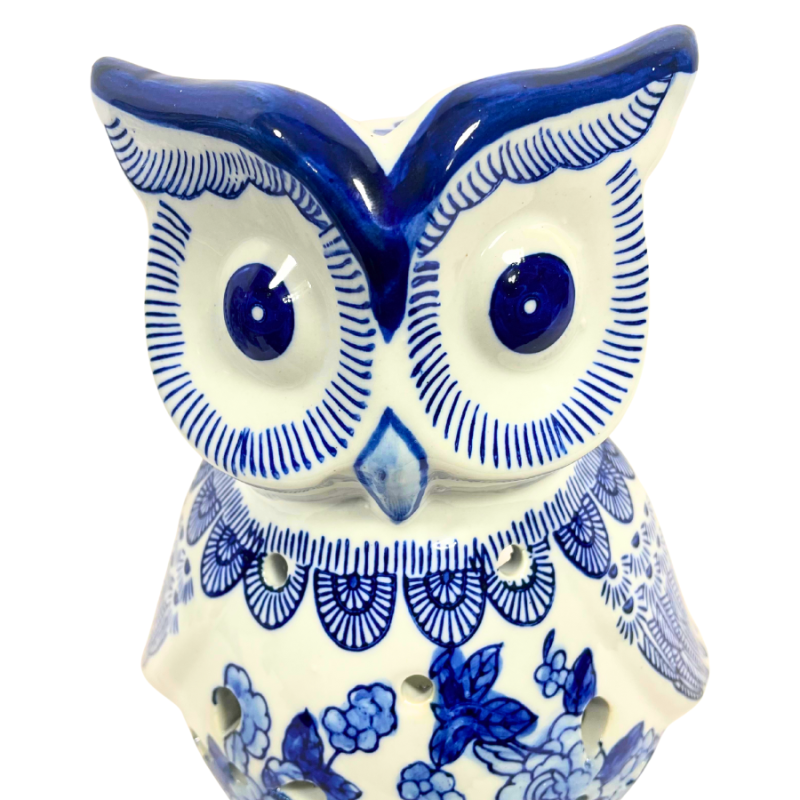 8" Blue & White Chinoiserie Porcelain Owl Votive Candle Holder