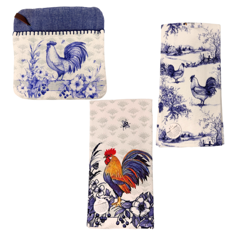 3 pc Blue Rooster Kitchen Linen Set