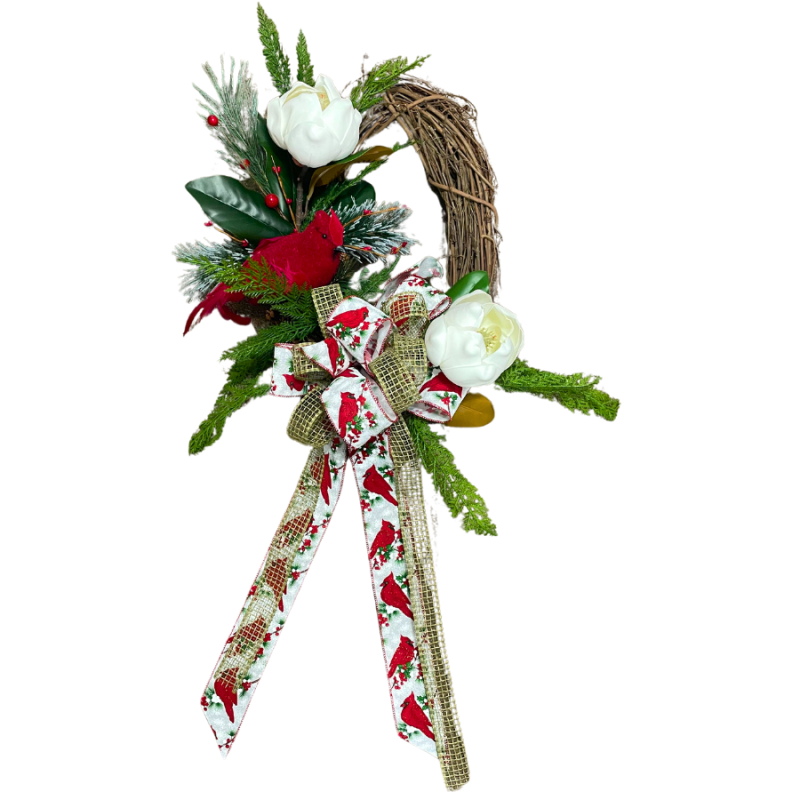 24" Red Bird & Magnolias Wreath
