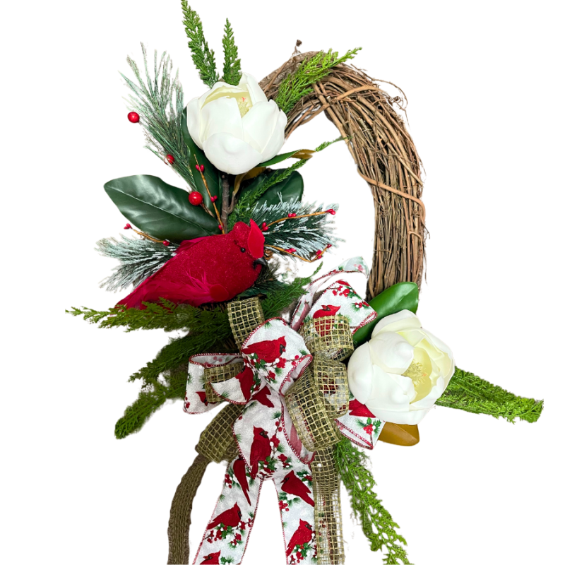24" Red Bird & Magnolias Wreath