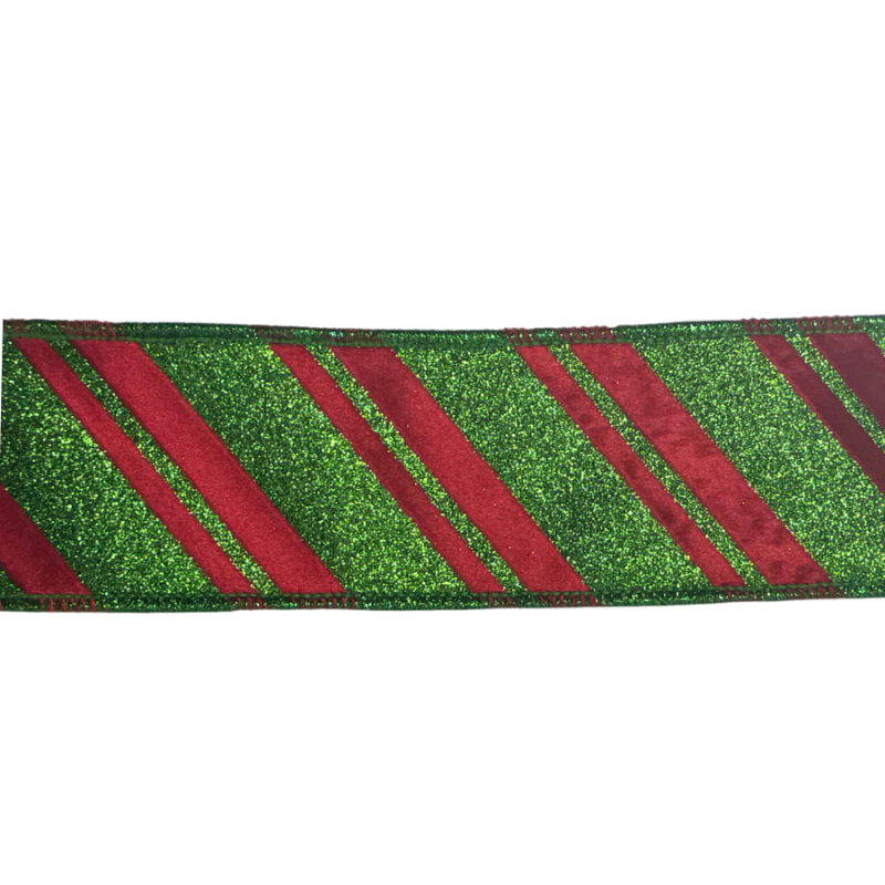 2.5" x10yd Green Glitter Ribbon w/ Red Velvet Diagonal Stripes