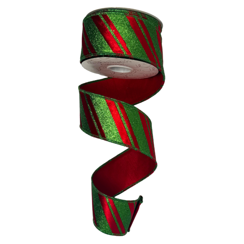 2.5" x10yd Green Glitter Ribbon w/ Red Velvet Diagonal Stripes