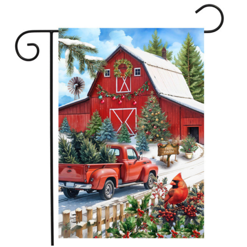Red Barn Christmas Garden Flag