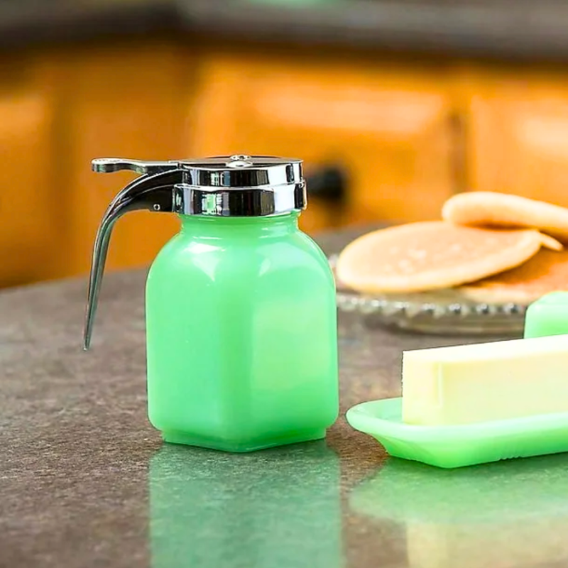 Jadite Glass Syrup Dispenser w/ Metal Lid