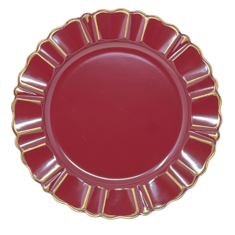 13" Rnd Burgundy Charger with Scalloped Gold Border