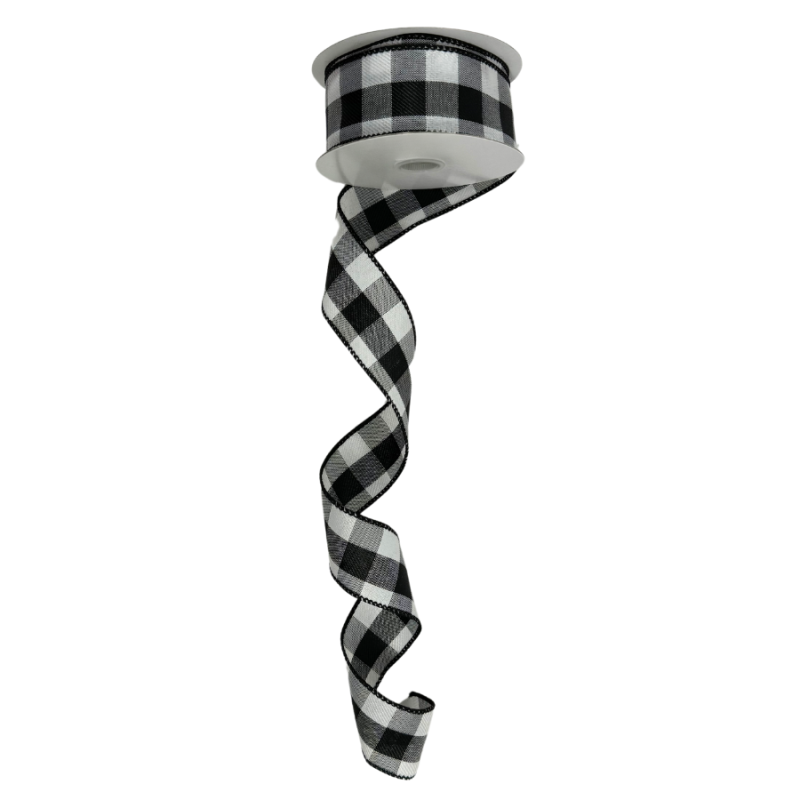 1.5" x 10yd Black & White Buffalo Plaid Wire Ribbon